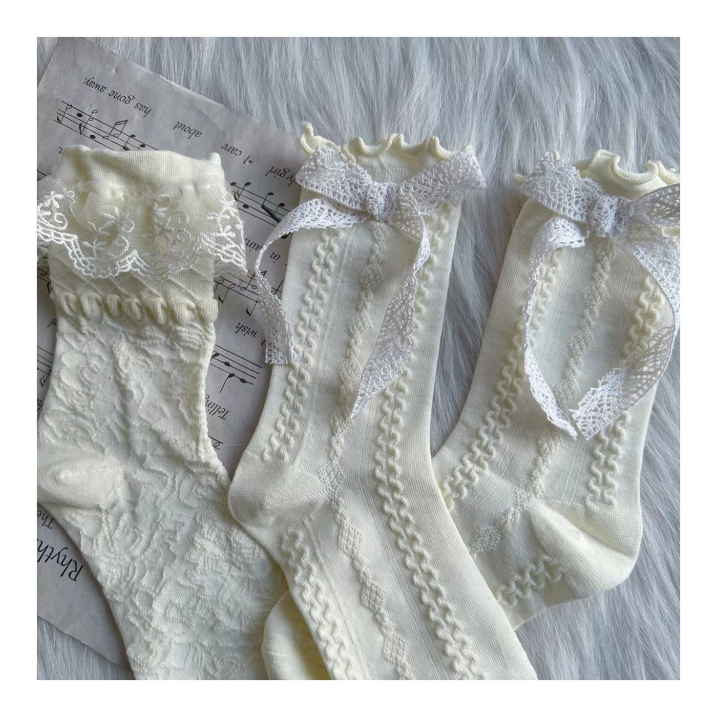 Chestnut Lolita~Vintage Lolita Handmade Socks sea of flowers (lace) + stringy selvedge (bow)  