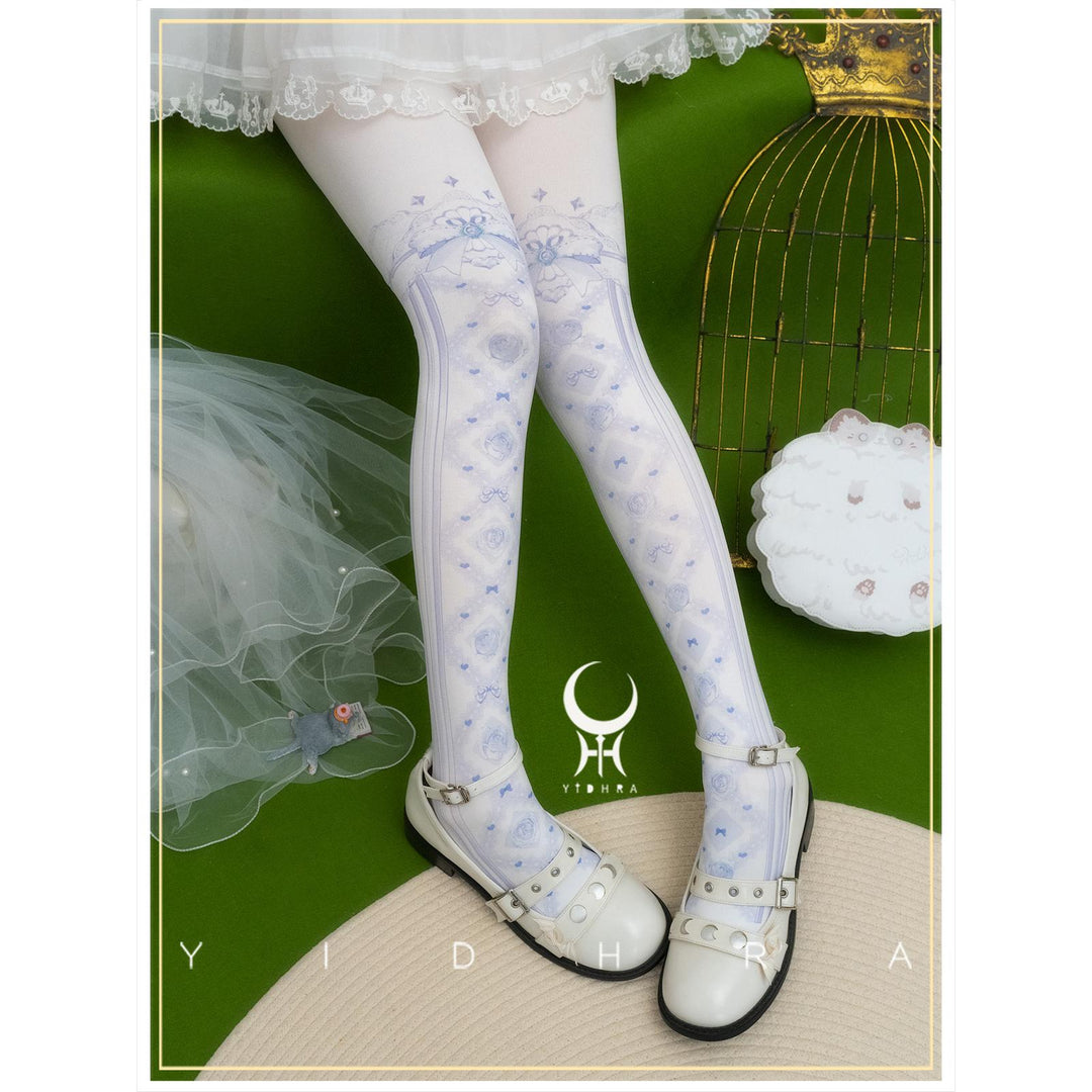 Yidhra~Sweet Entanglement~Gothic Lolita Pantyhose with Floral Prints Blue-Purple