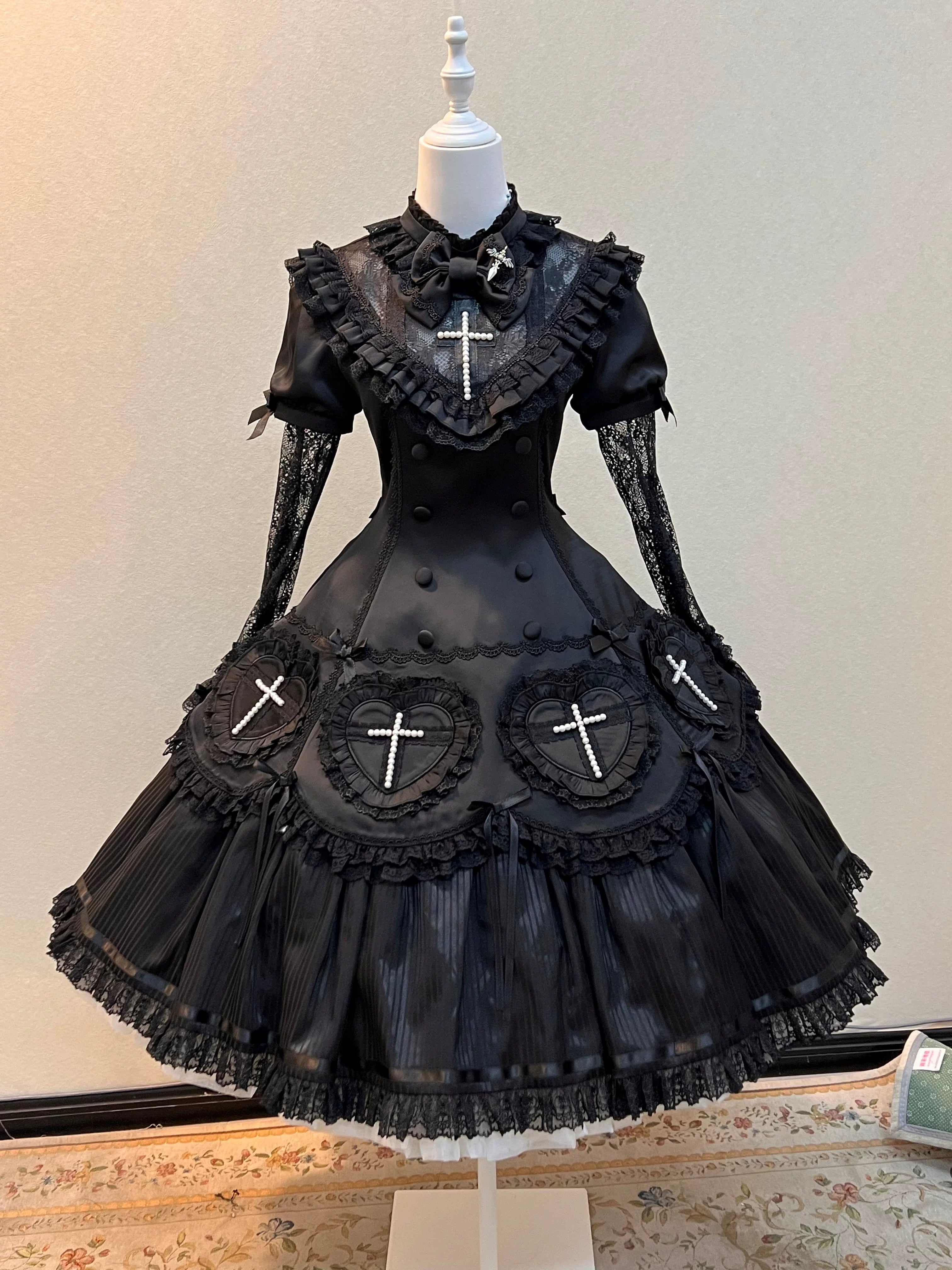Nocthymn Cross - Gothic Lolita OP Dress with Pearled Cross, Detachable Sleeves 45813:863303