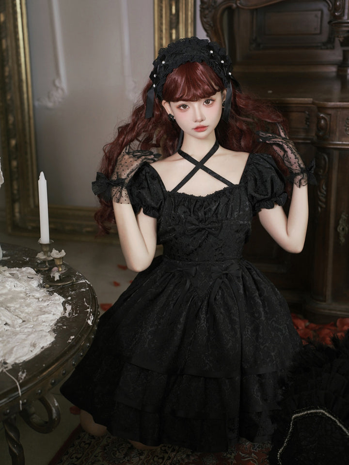 Eieyomi~Thorn Rose~Gothic Lolita Three-layer Ruffle Black OP   