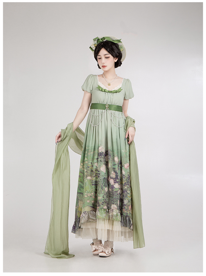 With PUJI~Blooming Rose~Chiffon Classic Lolita Dress Set Painting Styled OP & JSK 42925:758695