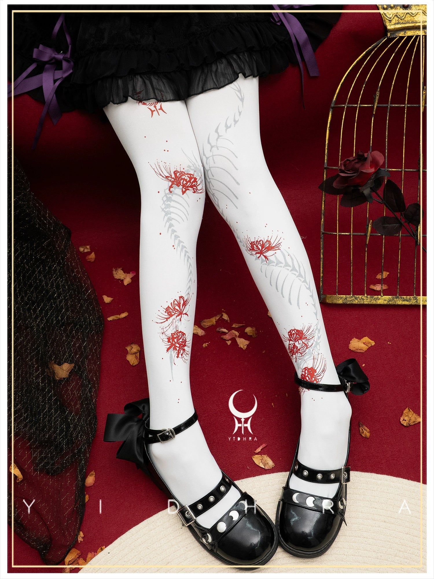 Yidhra - Dragon Abyss - Halloween Gothic Lolita Pantyhose, Red Spider Lily Print 44057:793578
