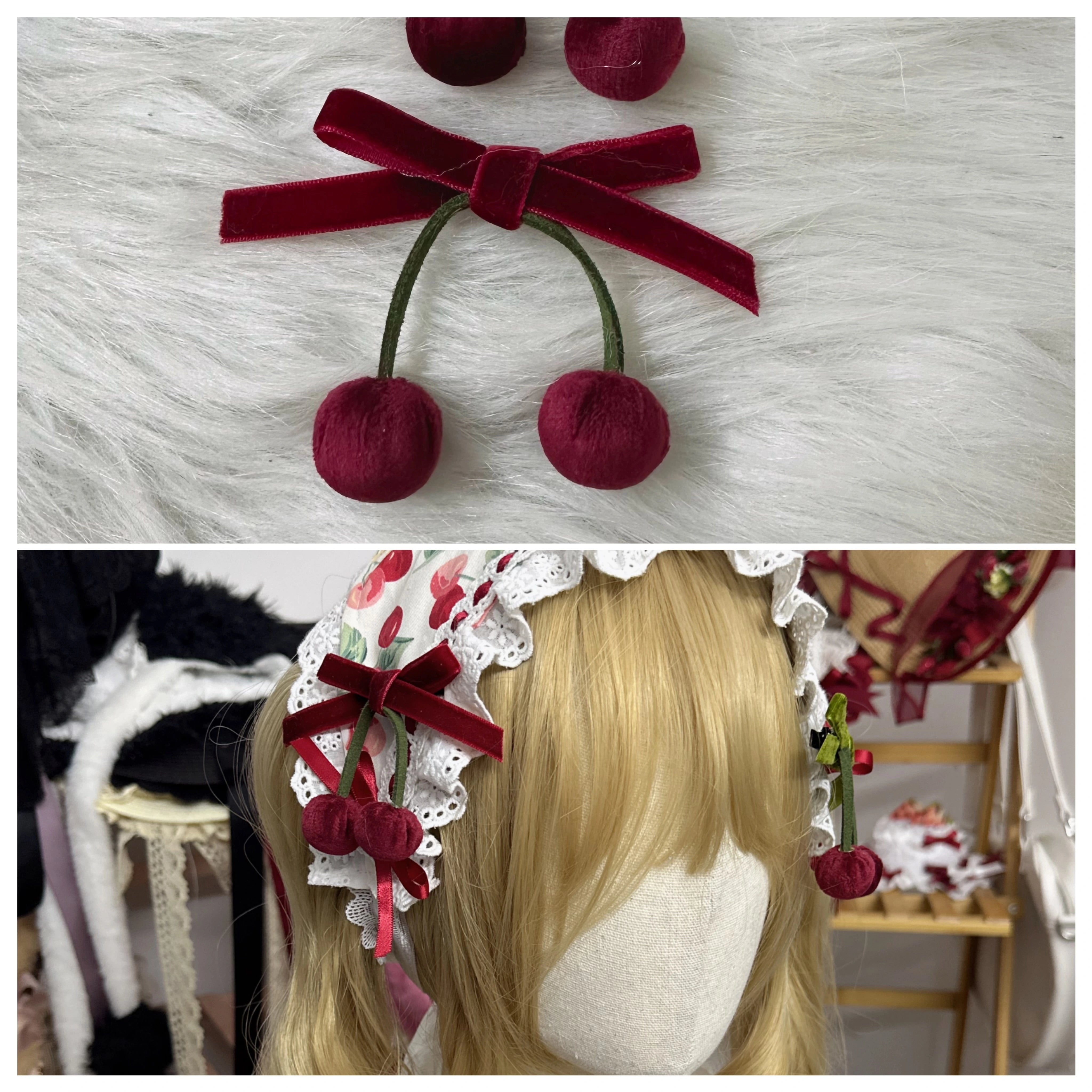 Chestnut Lolita - Sweet Lolita Headdress Cherry Hair Clip Straw Hat Necklace Handmade Set a red cherry side clip