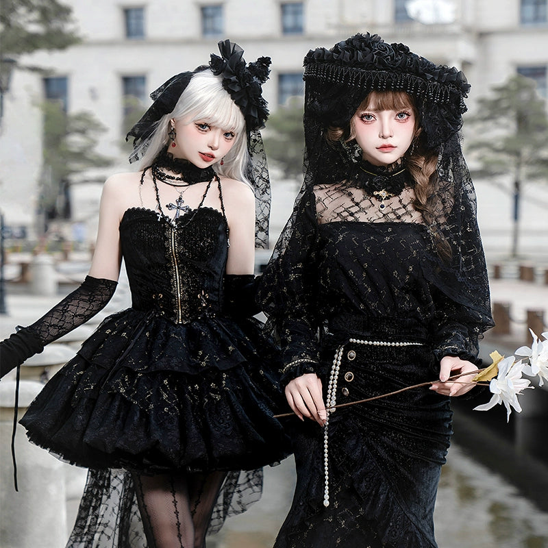 Another Walker~Night and Night Furan~Gothic Lolita Fishtail Skirt Set Black Lolita Set S Black choker(note the size) 