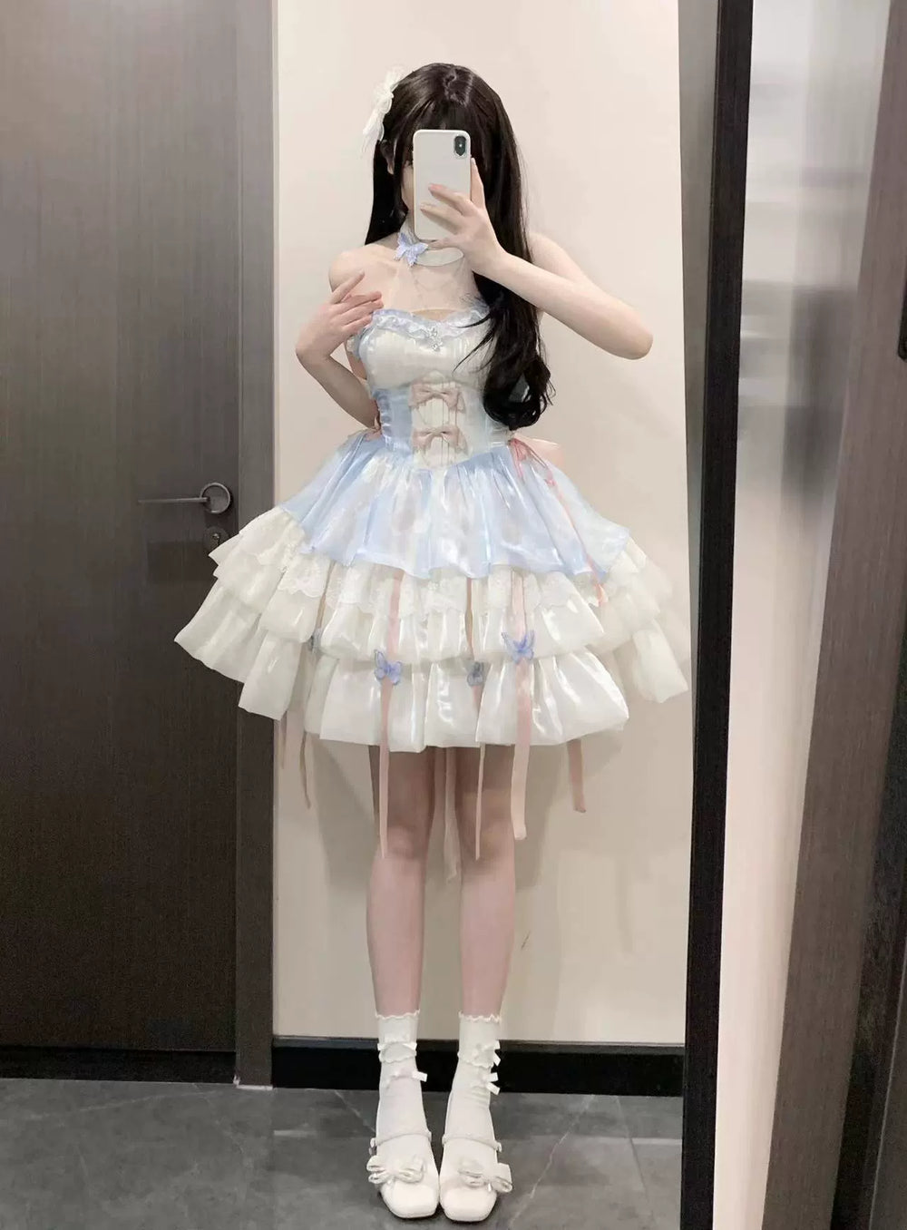 Platycodon House~Love Goddess~Elegant Lolita Dress Halter Puff Princess JSK Dress XS apricot blue and pink dress - halter style (without trailing veil) 