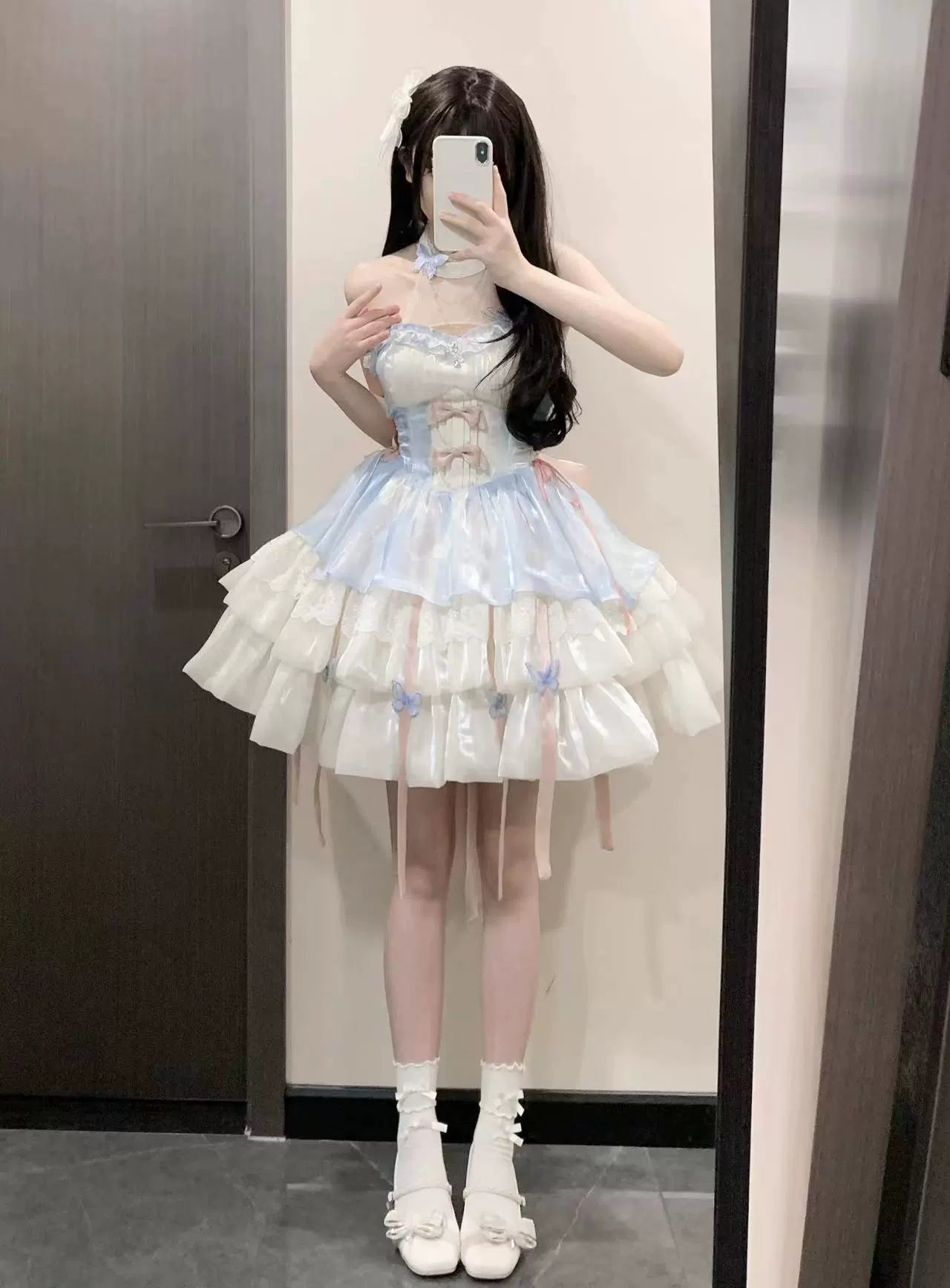 Platycodon House - Love Goddess - Elegant Lolita Dress Halter Puff Princess JSK Dress XS apricot blue and pink dress - halter style (without trailing veil)