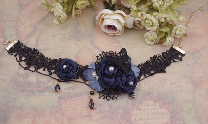 Rose of Sharon~Moon Shadow Rose~Retro Lolita Necklace Handmade Floral and Lace Choker black lace and dark blue flowers  