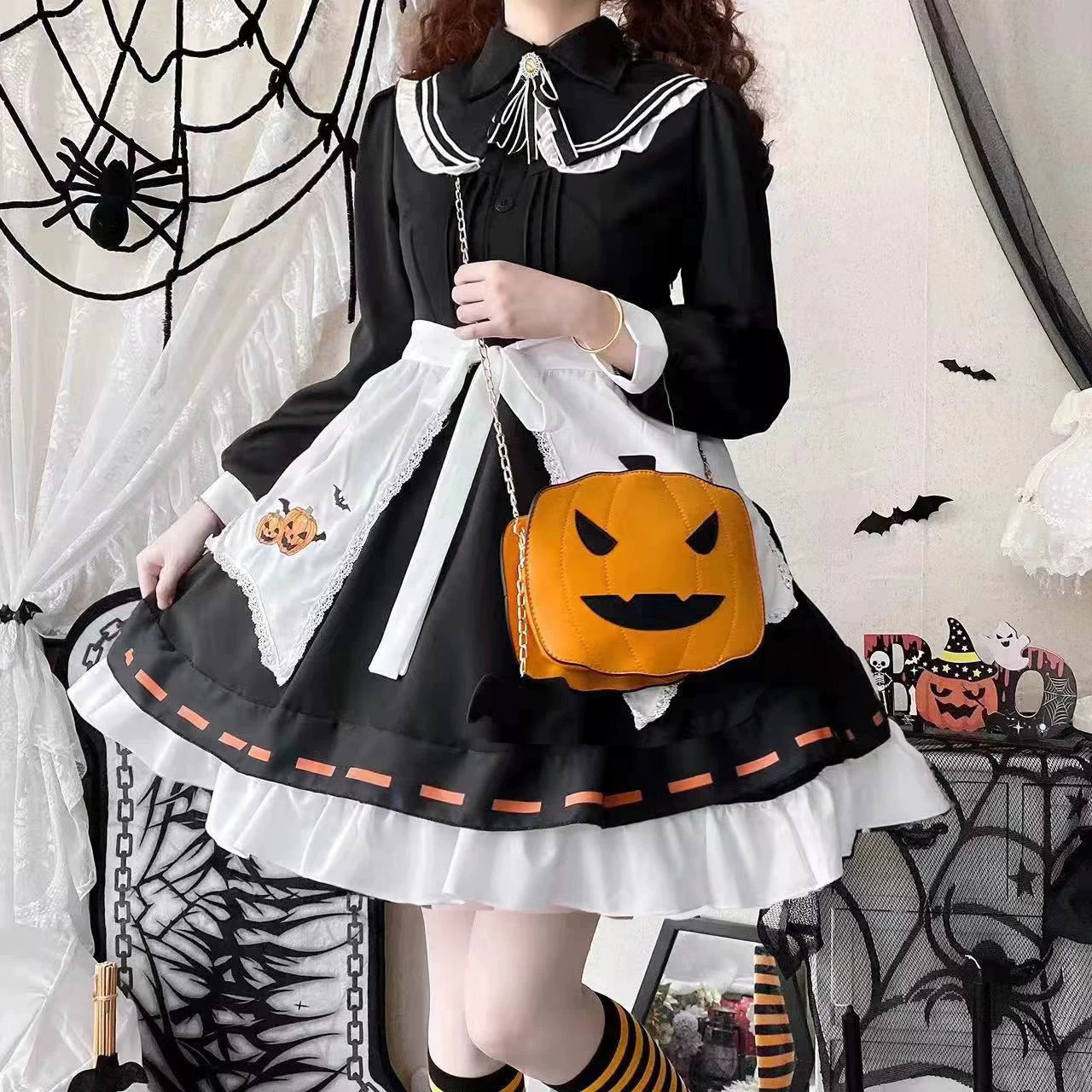 Little Witch - Halloween Gothic Lolita OP Dress Set, Pumpkin & Bat Embroidery