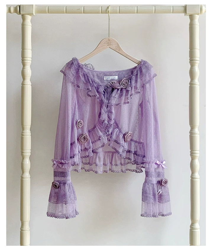 With PUJI~Flower Visage~Summer Lolita Sheer Cardigan with Rose Brooch Purple- Cardigan Only S