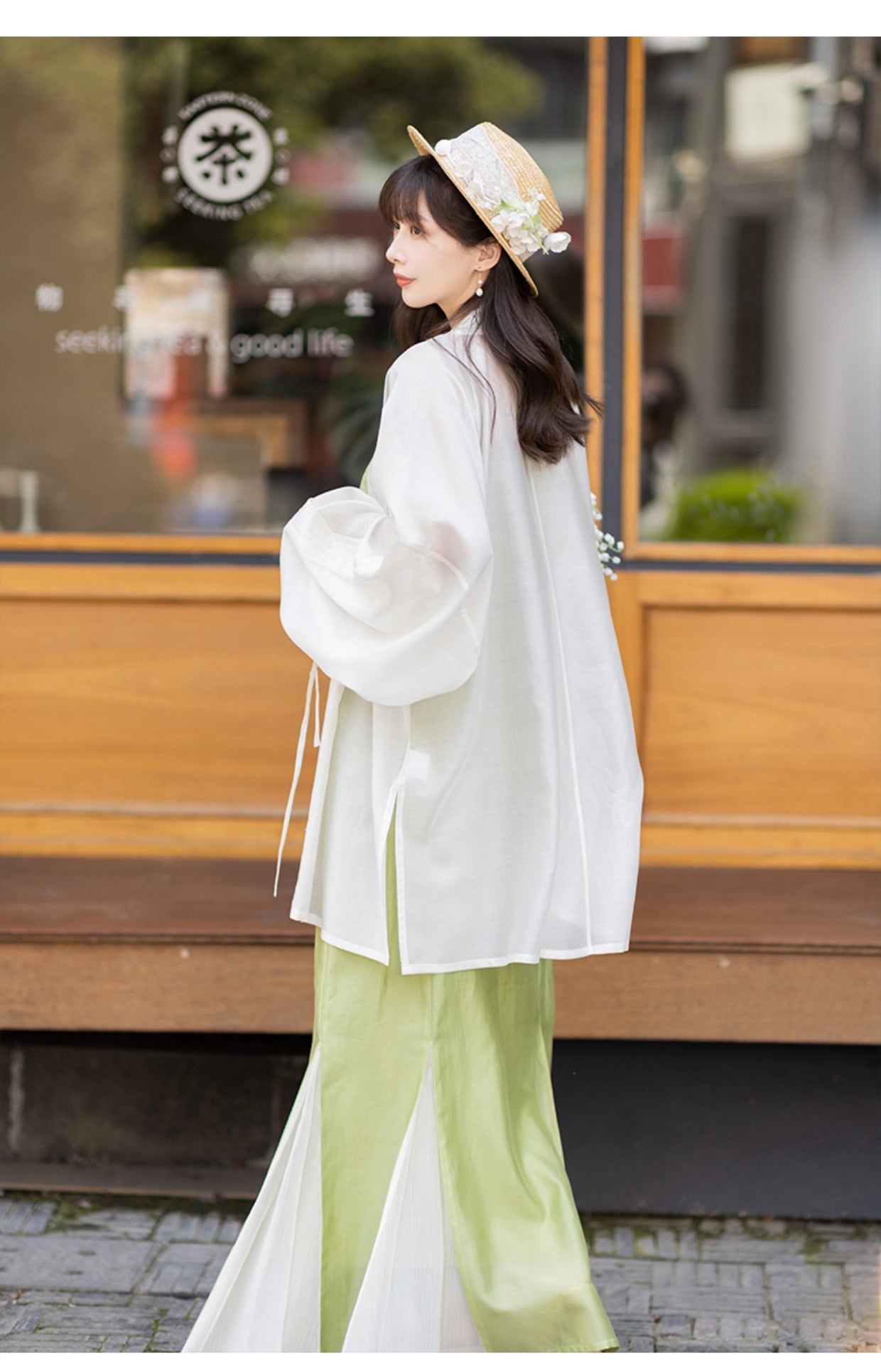 Chixia~Green Plum~Han Lolita Green-White Side Split Skirt Set shirt S 