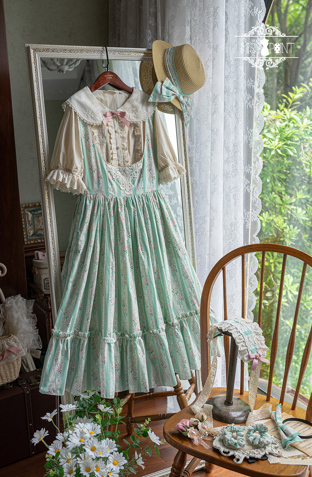 (Buyforme)Miss Point~Happy Summer Elegant Lolita Floral Jumper Skirt XS green stripe JSK 