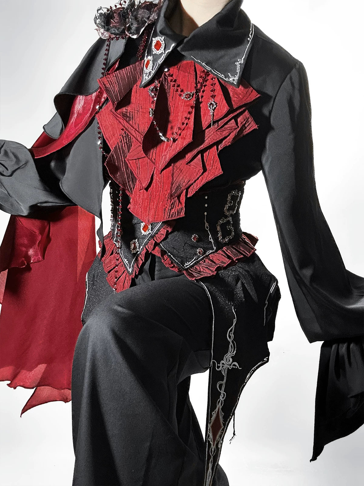 Crimson Vow - Red Black Ouji Lolita Blouse & Pants Set, Vine Embroidery 45953:869267