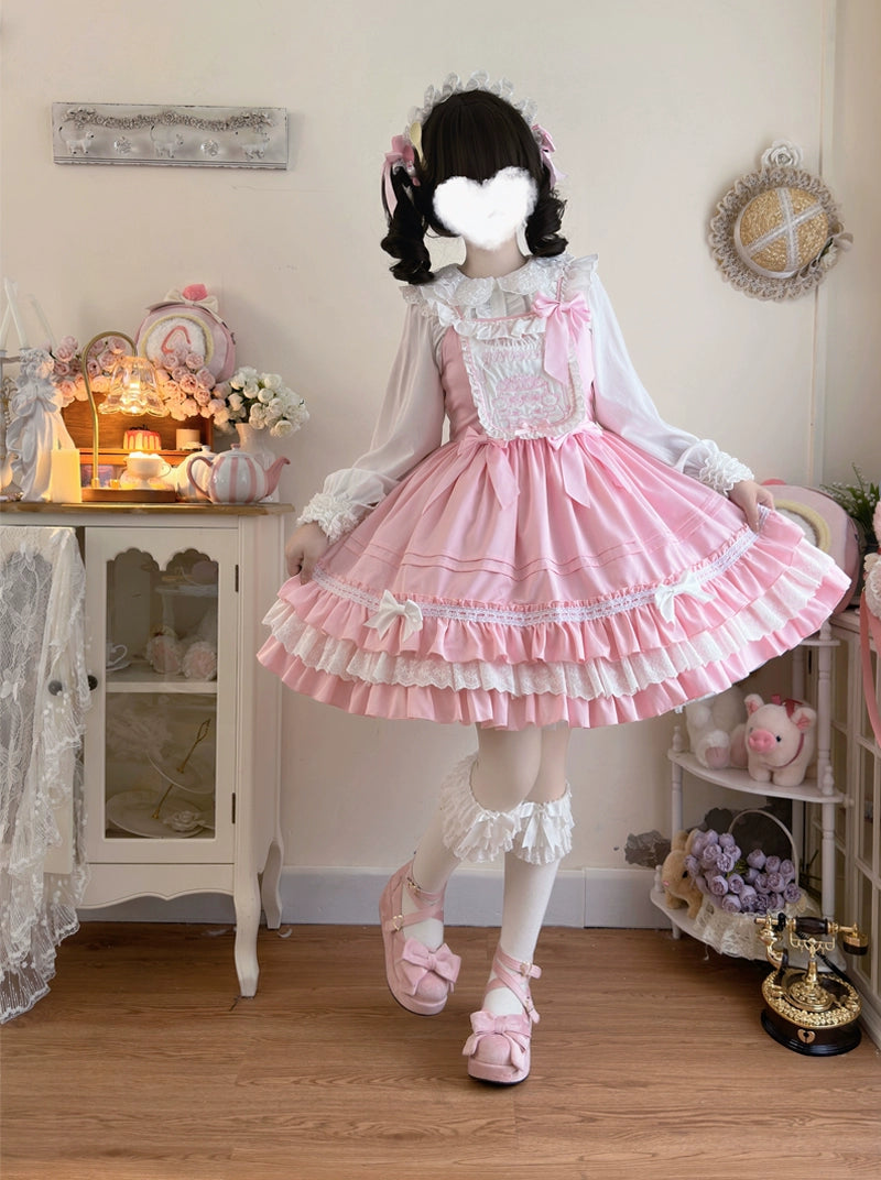 Hanguliang~Sweet Bear~Kawaii Lolita JSK Dress Embroidery Flounce Hem