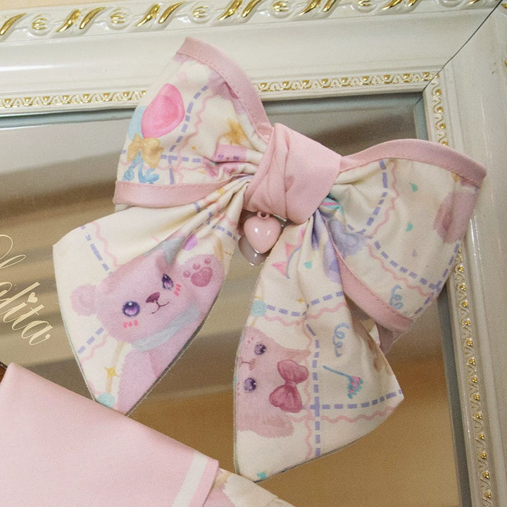 RichLolita~Starry Pudding Bear~Sweet Lolita Jumper Dress Printed OP Dress XS Self-fabric big bow side clip (a pair) 