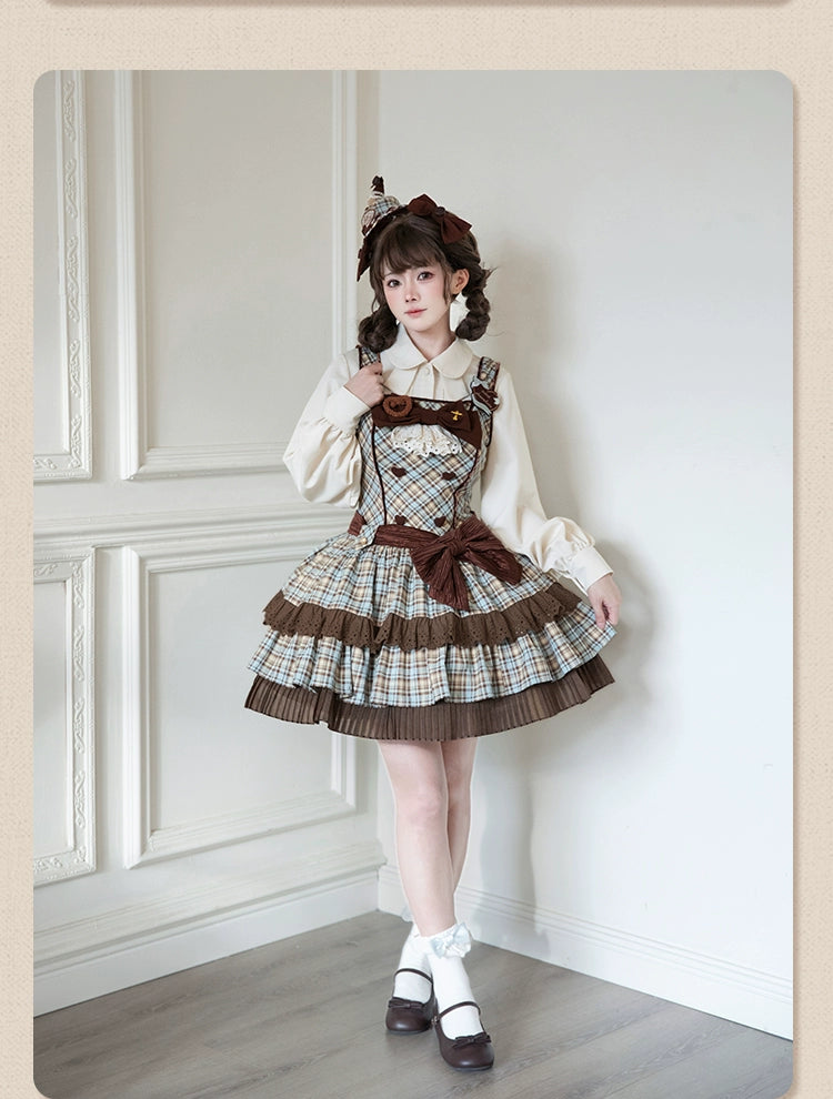 Tan Tuan - Chocolate Mint Day - Kawaii Lolita Jumper Dress, Tiered Ruffles, Sweater Cape