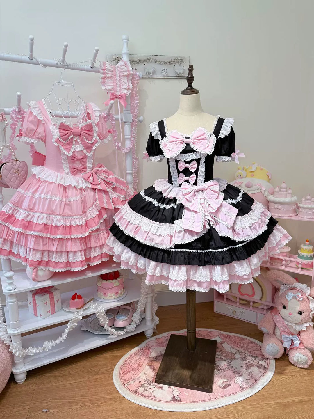 Hanguliang~Showa Flower Butterfly~Pink Sweet Lolita OP Dress With Bows & Lace Trim Black OP Only S