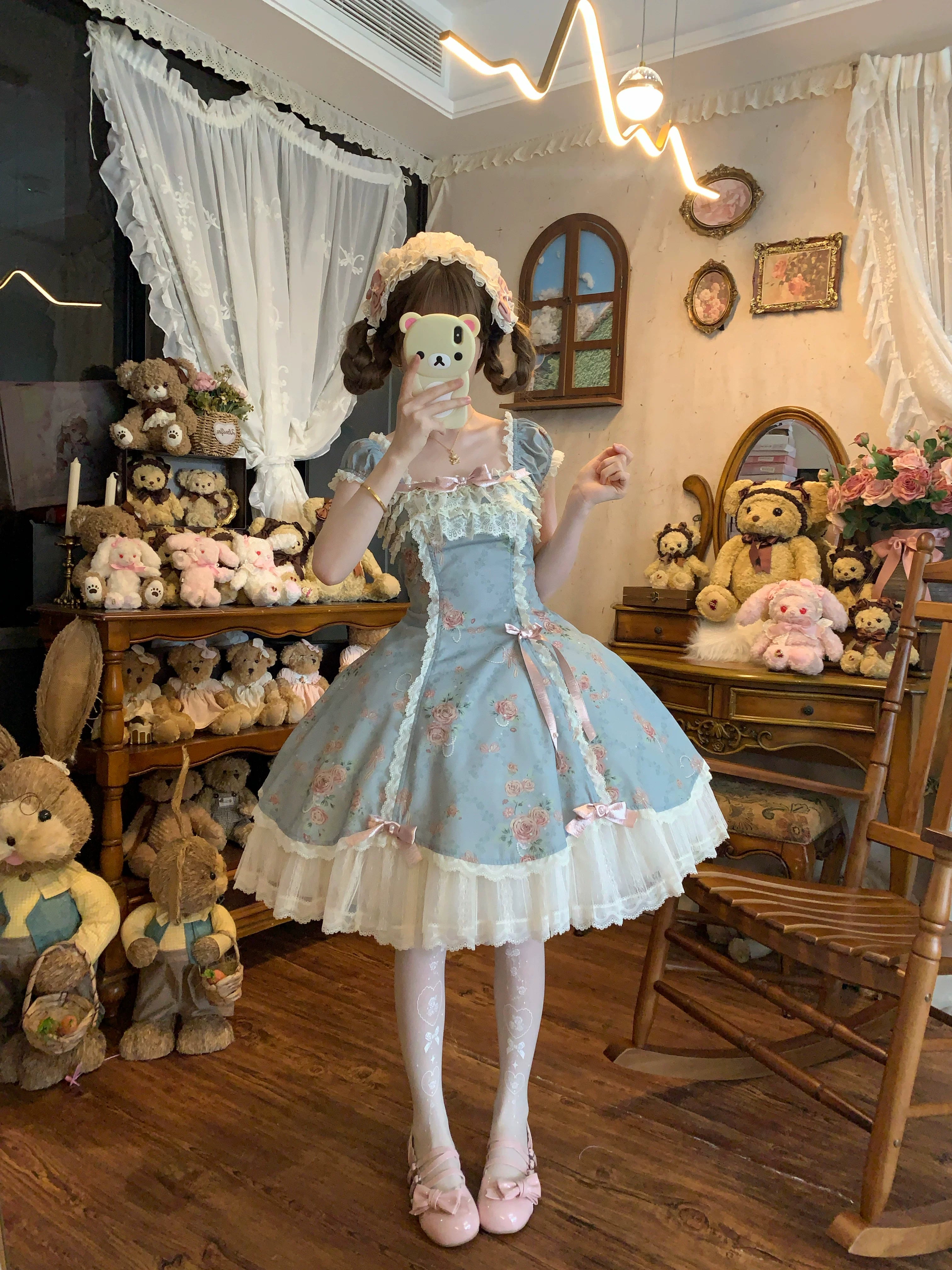Pearl & Rose - Old School Lolita Floral Print Lolita OP Dress, Back Opening 45925:868406