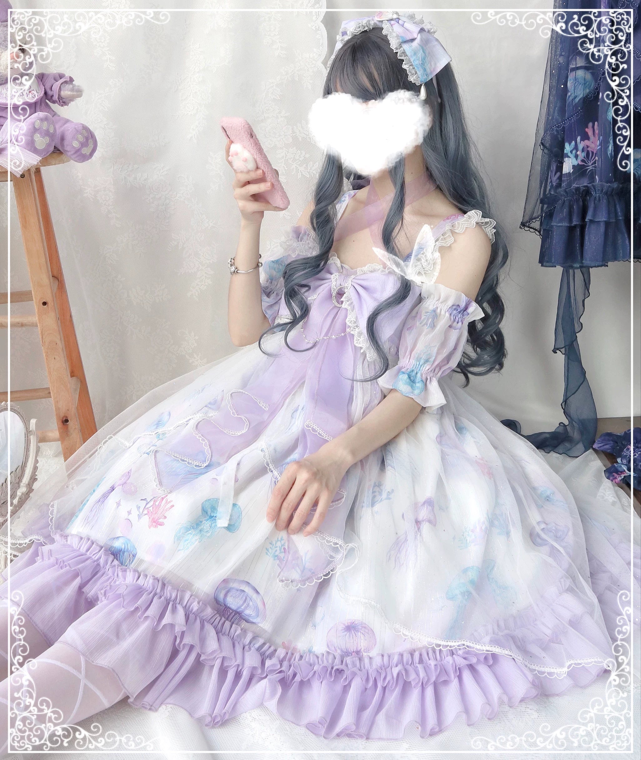 Coral Jellyfish - Sweet Lolita High-waist JSK Dress, Jellyfish & Coral Print 44906:827411