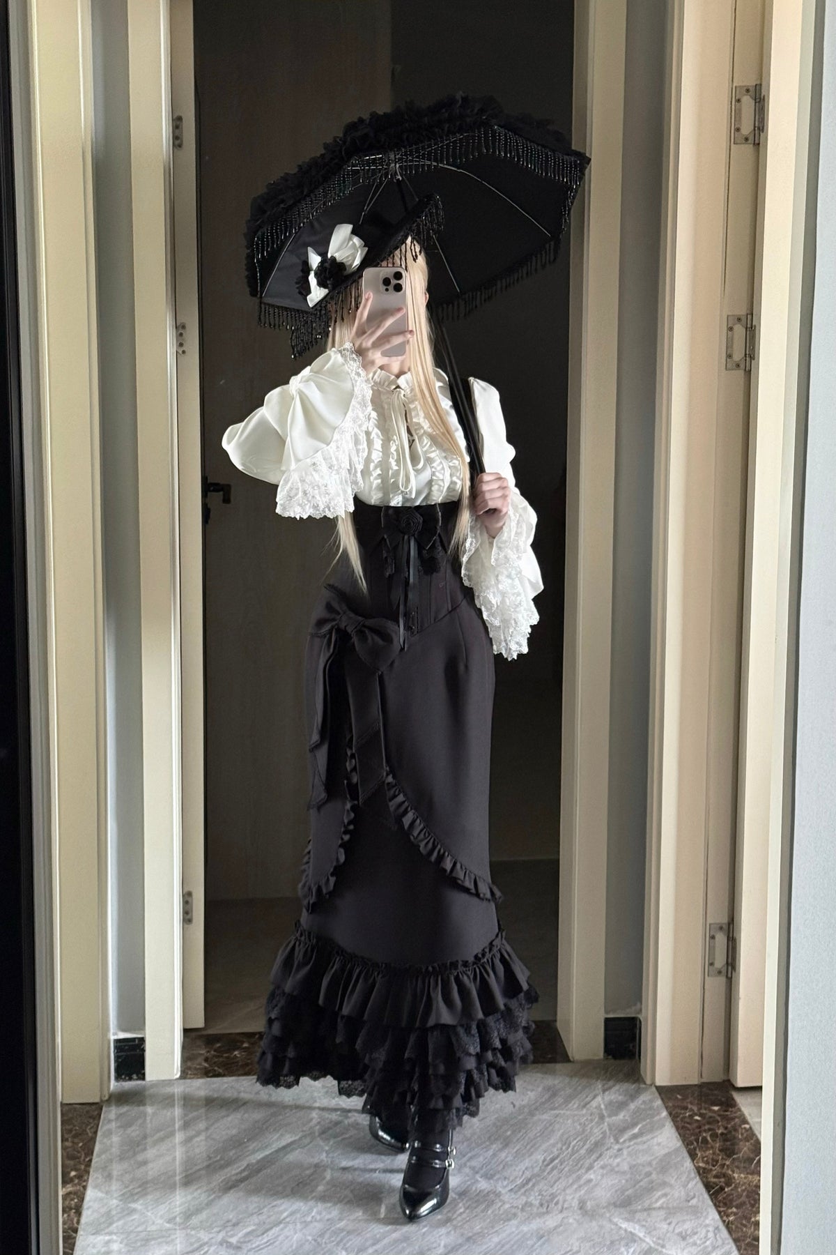 Miss Winnie - Gothic Lolita Blouse & Mermaid JSK Dress Set, Ruffle Lace Hem 46027:872869