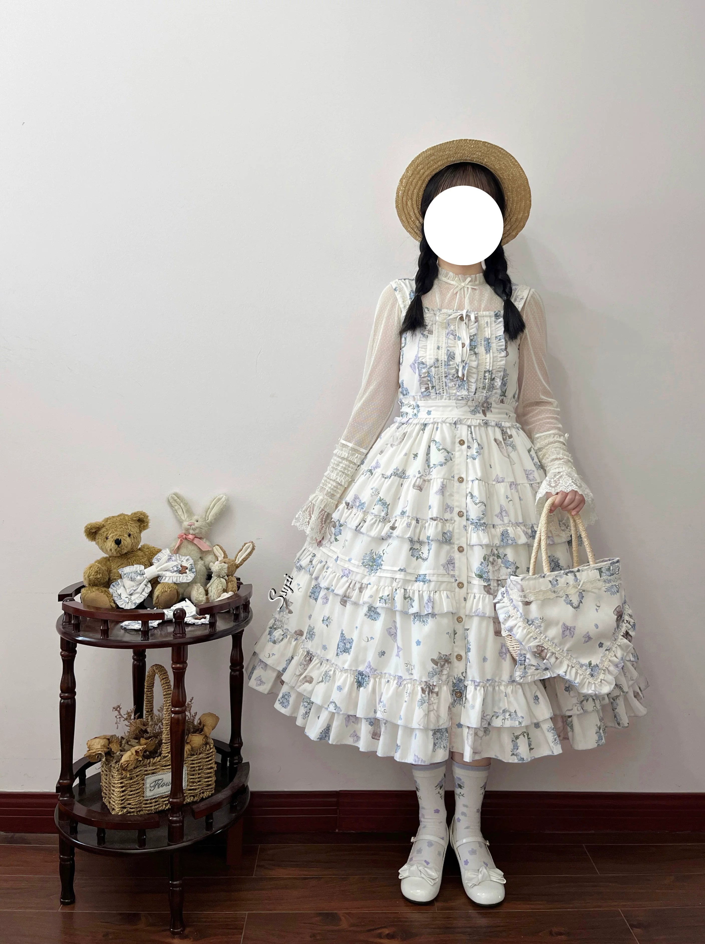 Meow Wreath - Classic Lolita Button Closure JSK Dress, Cat and Wreath Print