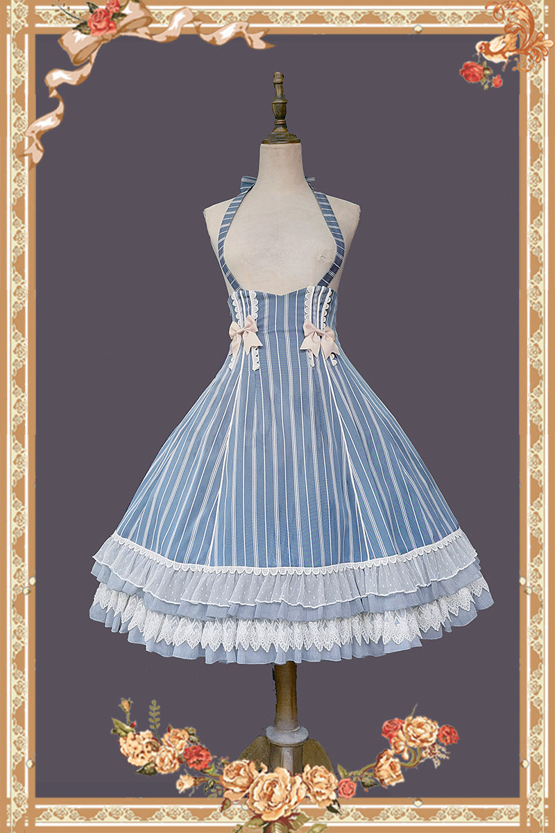(Buy for me) Infanta~Elegant Lolita Stripe High-waist Jumper Dress Set and Cape S light-blue stripe high-waist JSK 