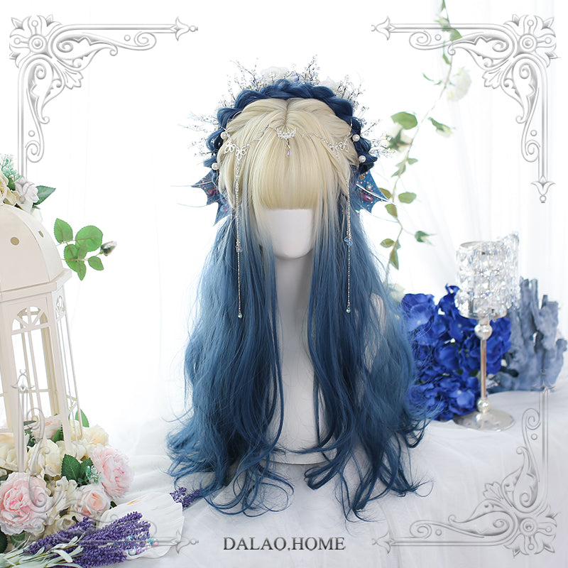 Dalao Home~Qingtan~Natural Curly Gradient Lolita Wig light gold and cyan wig with a hair net  