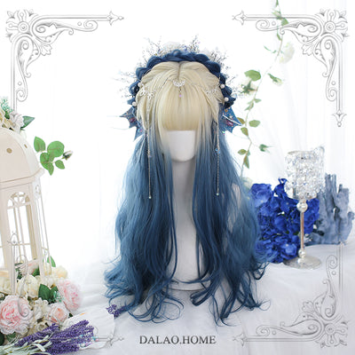 Dalao Home~Qingtan~Natural Curly Gradient Lolita Wig light gold and cyan wig with a hair net  