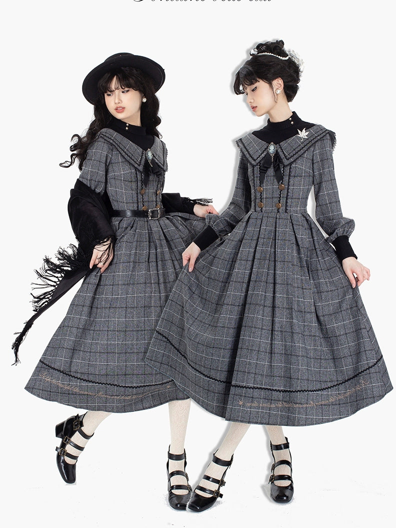 ZeeYe~Maple Dan Bai Lu~Classic Lolita Plaid Dress Long Sleeved OP