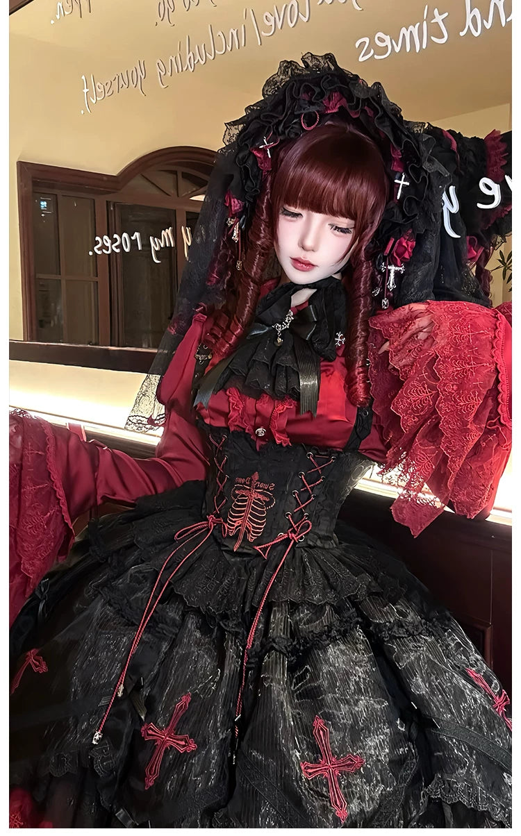 Dark Fog Feast - Gothic Lolita Bust-support Strap Dress, Lace & Cross 45256:842506