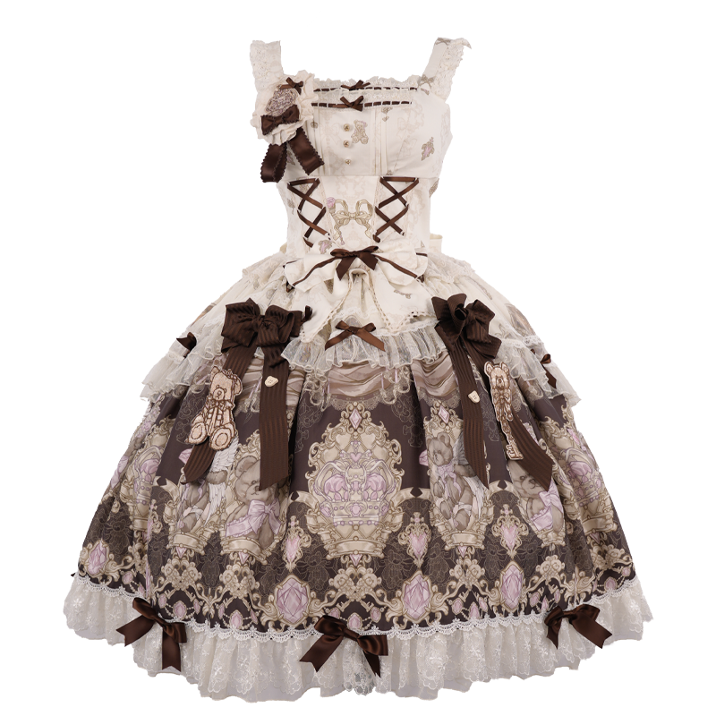 Antique Teddy Bear - Classic Lolita Printed JSK Dress with Ribbon Bows (2XL L M S XL) 45538:853255