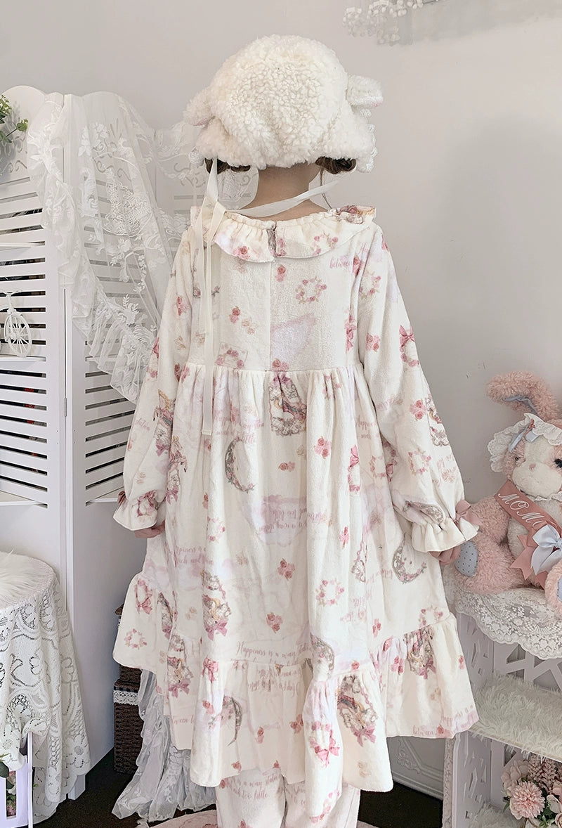 Baduoni~Starry With Moon~Winter Sweet Lolita Nightgown Dress Flannel Dree with Pants