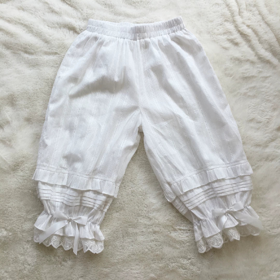 Sweet Lolita Jacquard Cotton Bloomers, Accordion Pleats White - 27.6" (70 cm) One Size