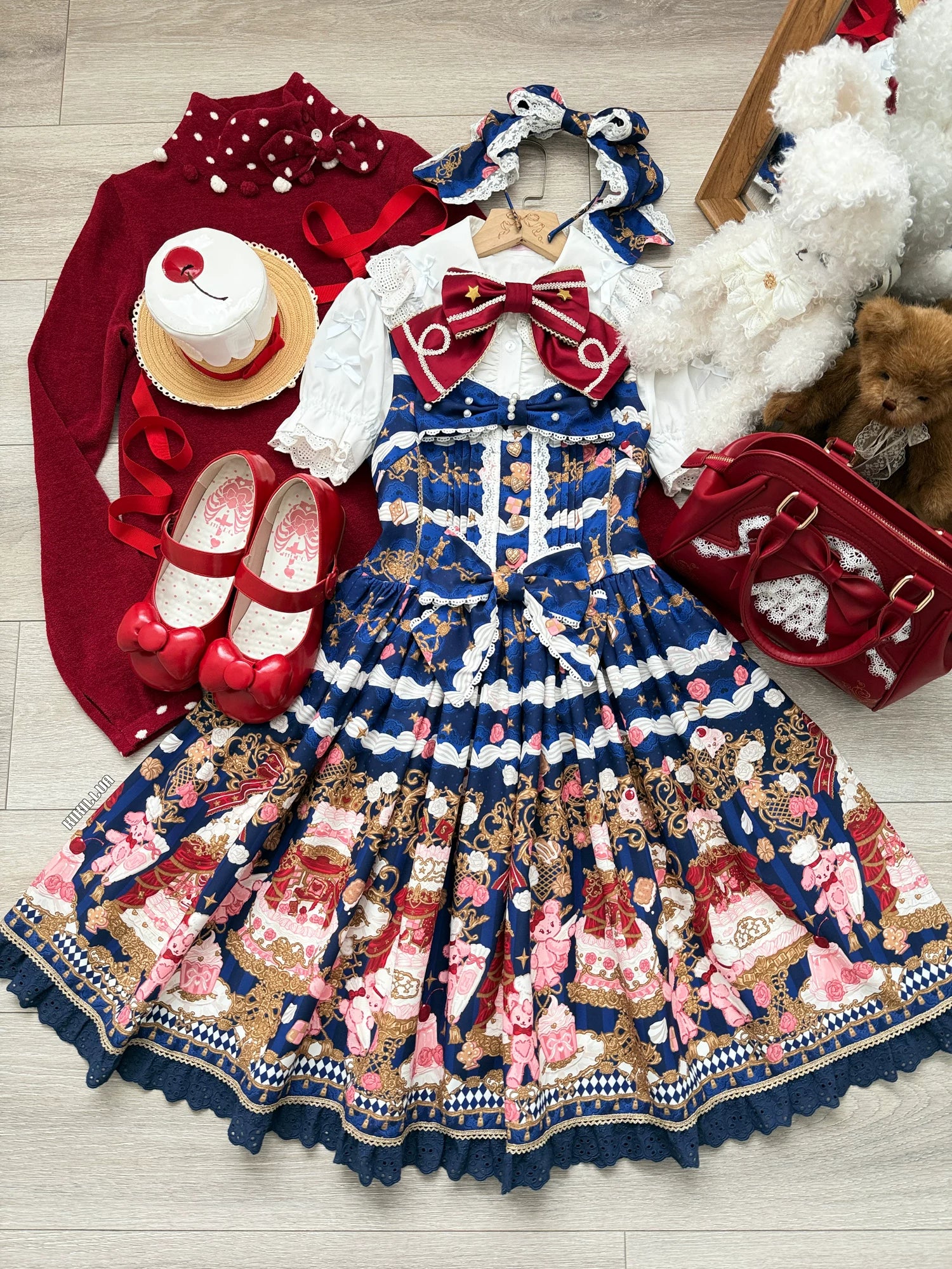 Sugar Festivaly - Kawaii Lolita JSK Dress, Cake & Bear Print 44540:811806