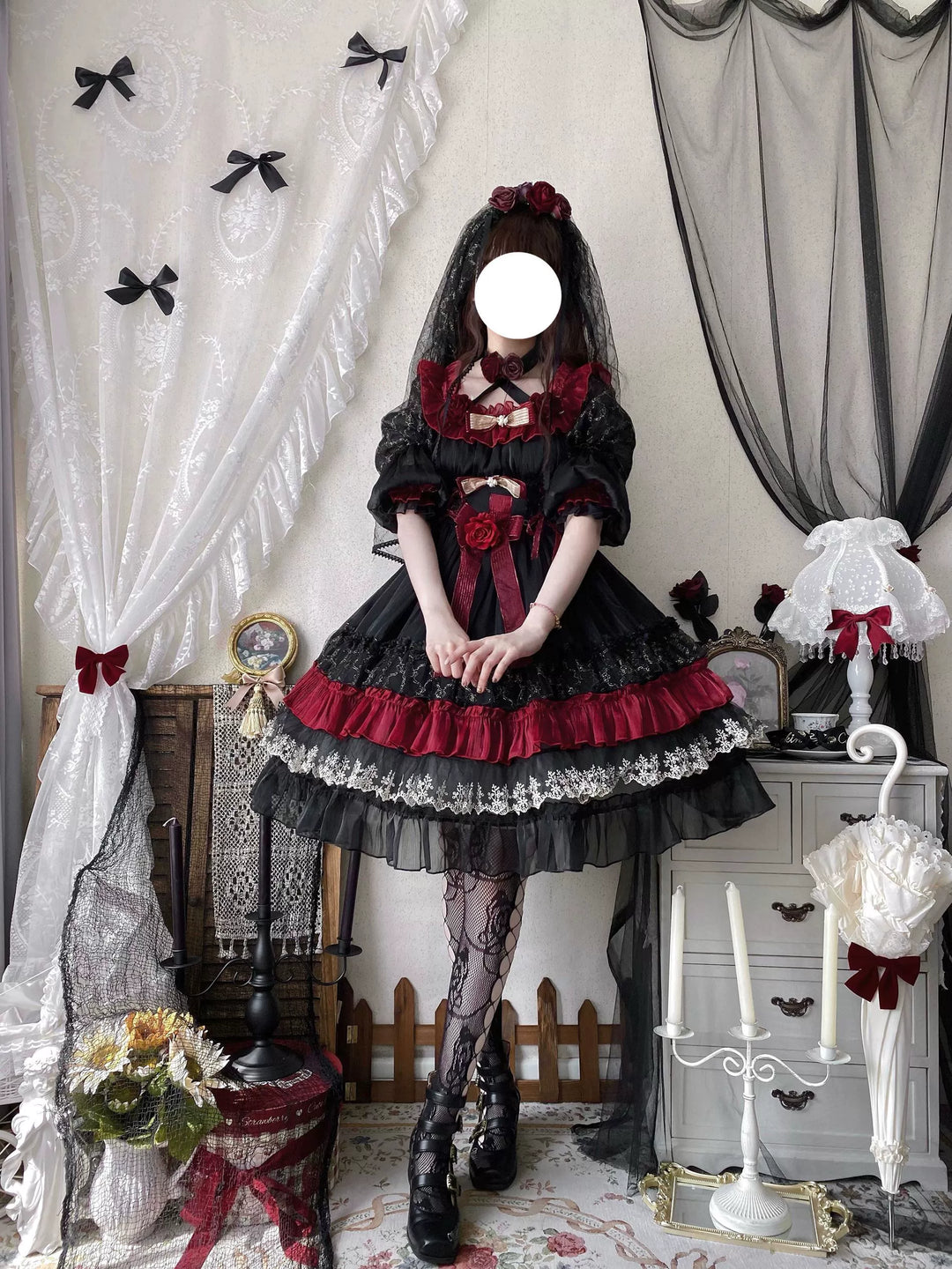 Uncle Wall Original~Night of Berea~Gothic Lolita OP Black and Red Lolita Dress