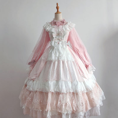 Fishing Boss~First Cherry~Sweet Lolita Gorgeous Long Sleeve Pink Dress S flat cap + dress 