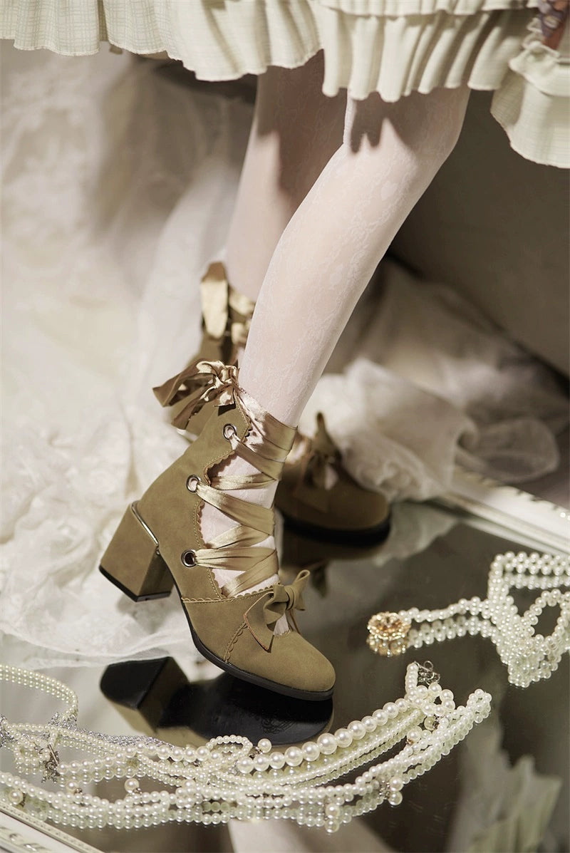 (BFM)MR Qiuti~Muse Kiss~Elegant Lolita Shoes Lace-up Bow Heels Round Toe   