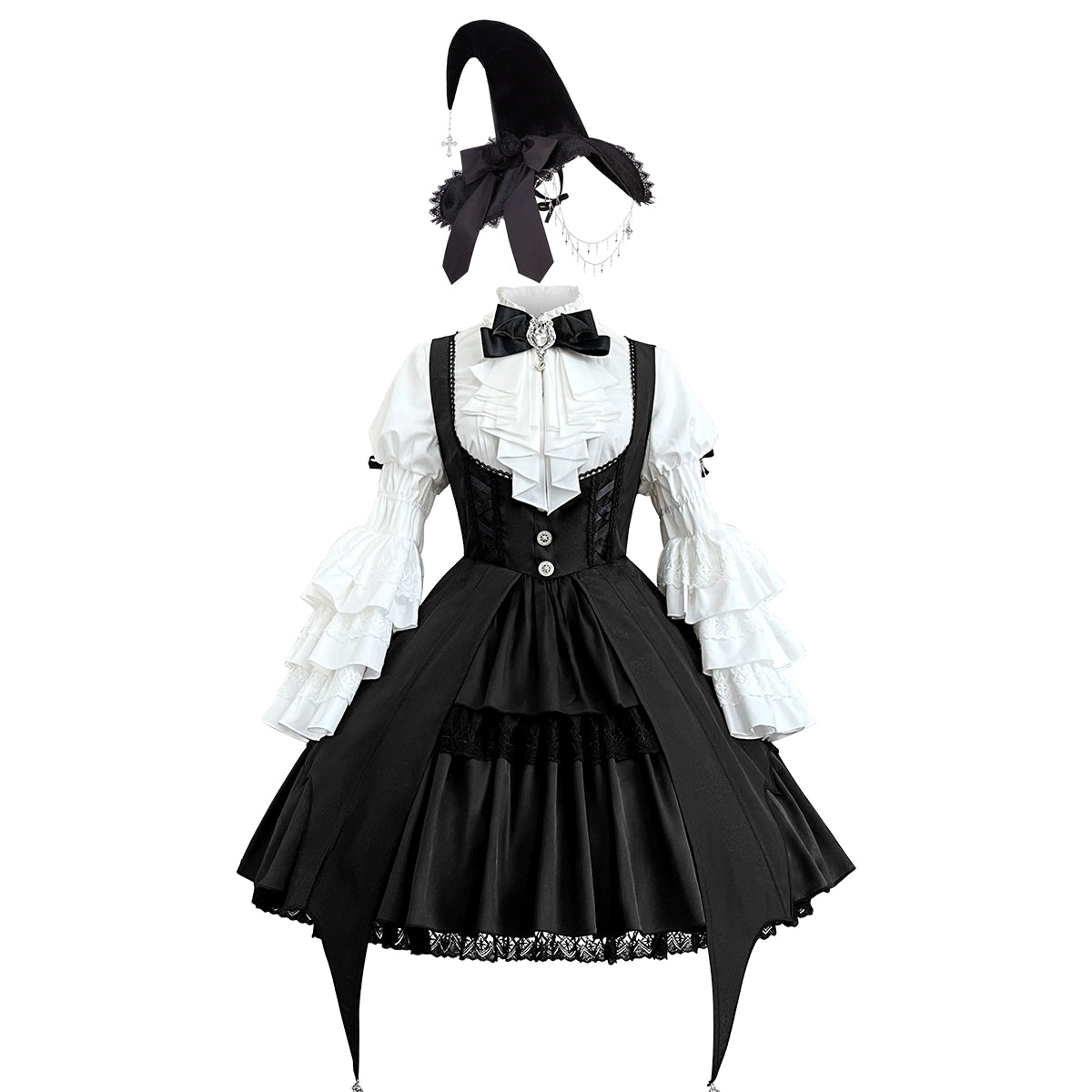 Your Princess - Dawn Witch - Black Gothic Lolita JSK Dress + White Blouse Blouse + JSK + Hat S