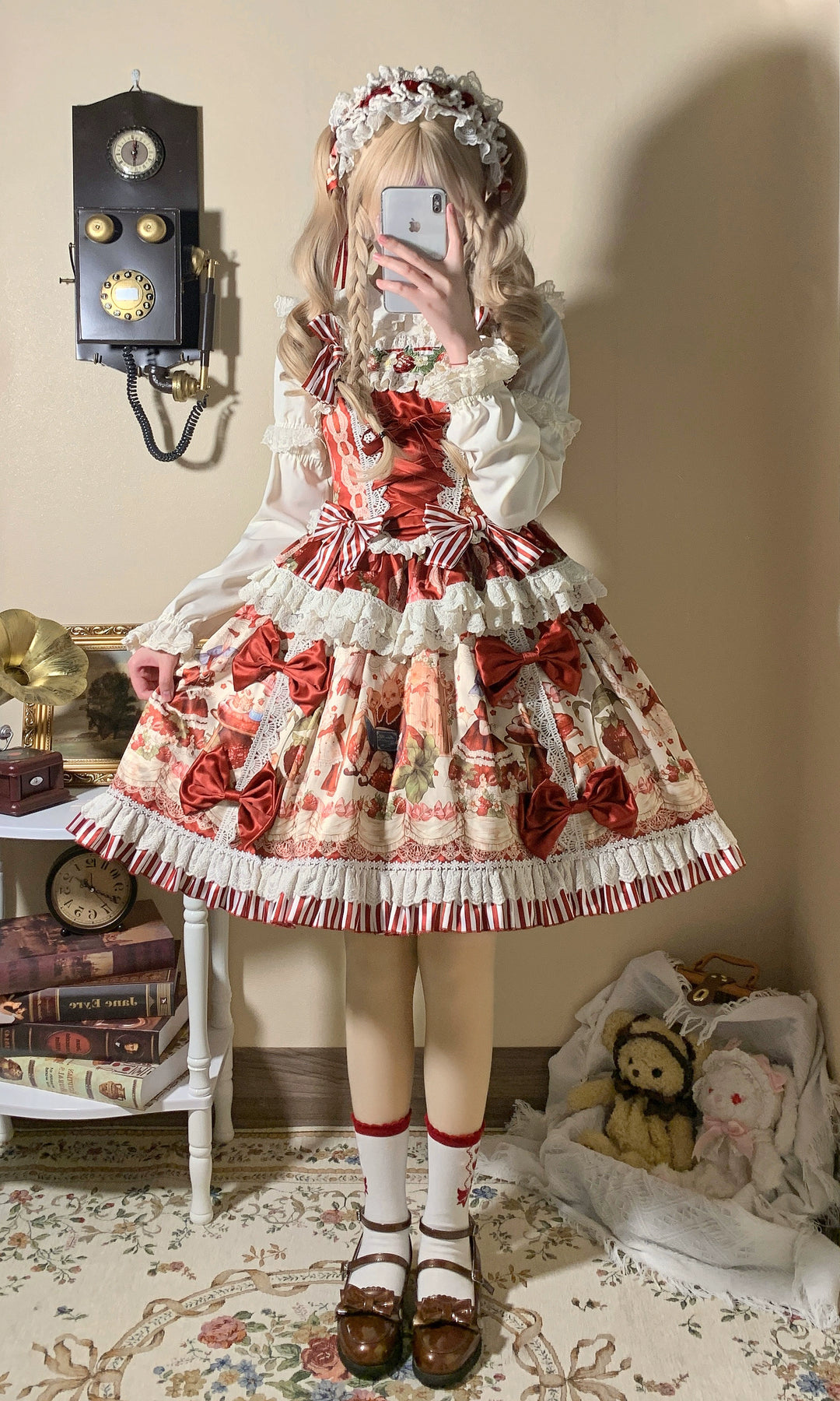 (BFM)Treasure Box~Fantasy Strawberry Garden~Sweet Lolita JSK Dress Strawberry Print Dress and Headdress Set   