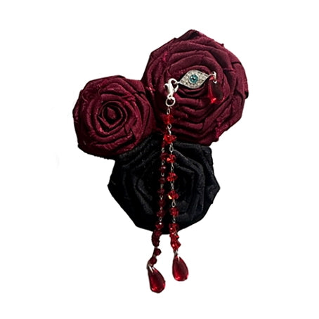 (BFM)LeMiroir~Saint~Gothic Lolita Bonnet Rib Chain Brooch Jabot Black - Dark Red Cloth Rose Brooch  