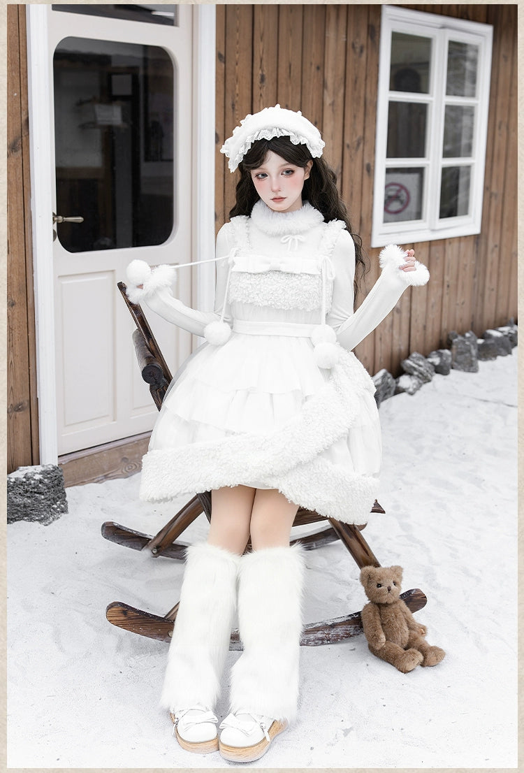 With PUJI - White Choco - Winter Kawaii Lolita JSK Dress Set, Fluffy Accents 44246:801059