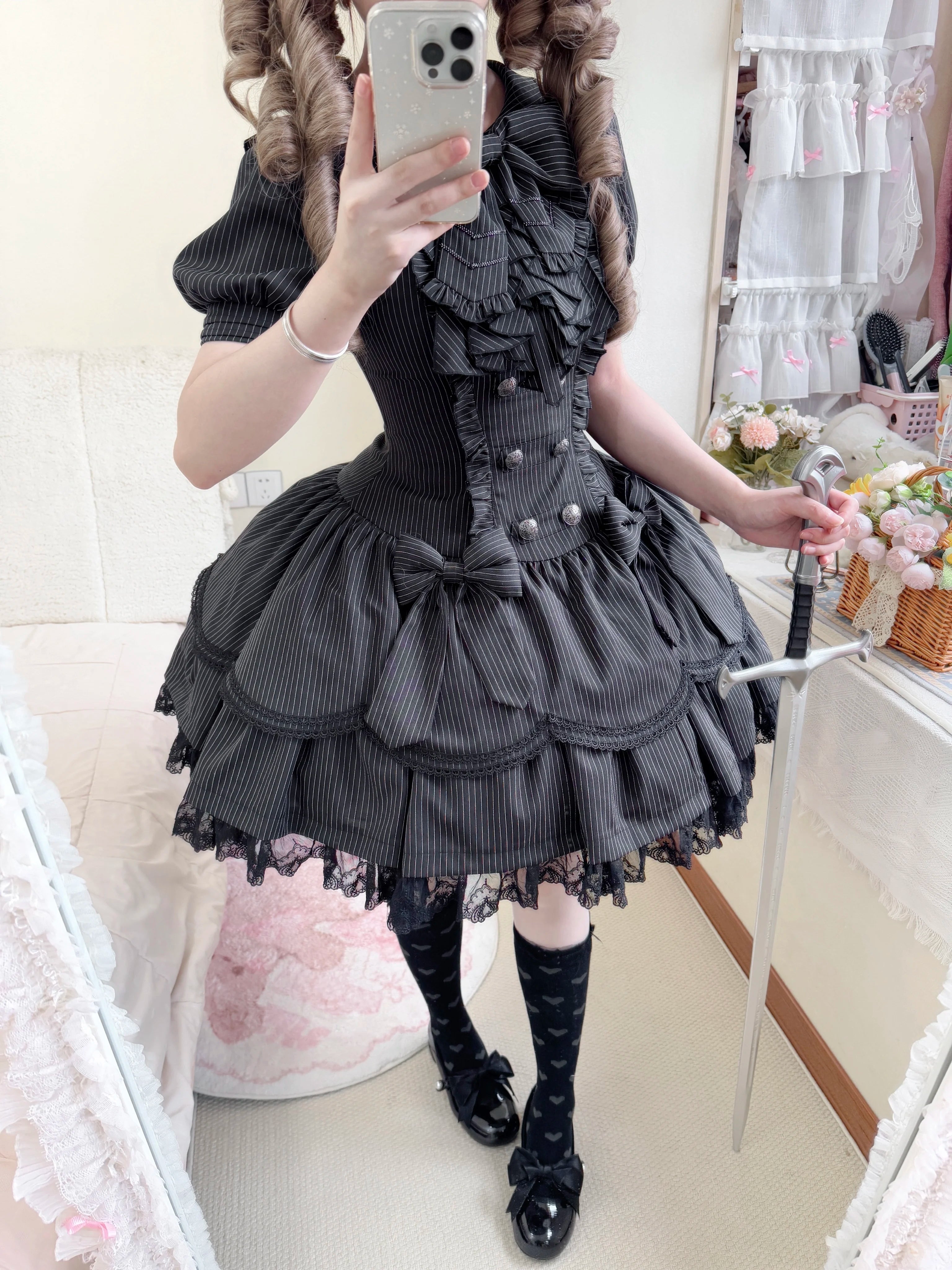 Dream Fragments - Striped Gothic Lolita OP Dress, Detachable Jabot 44454:808945