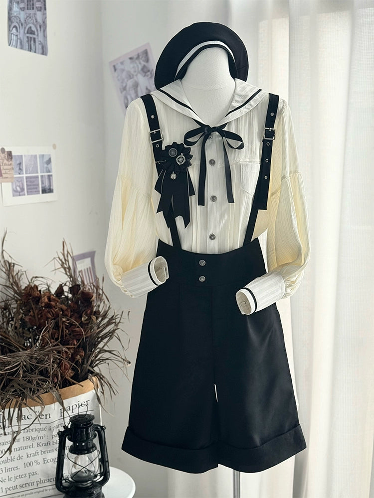 CastleToo - Street Whistle - Bishop Sleeve Ouji Lolita Sailor Blouse, Suspender Shorts A Chest Brooch Only Free Size
