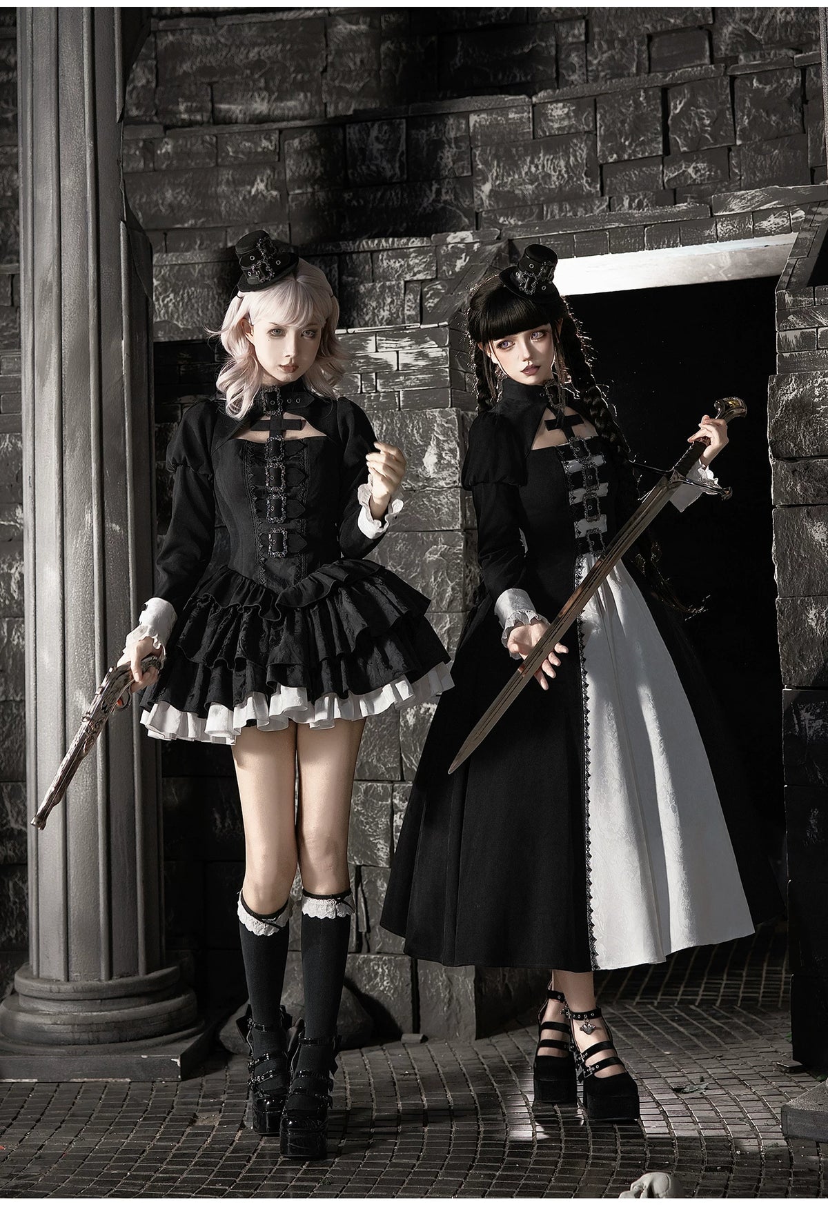 Klein - Black and White Gothic Lolita OP Dress Set, Metal D-rings 45996:871438