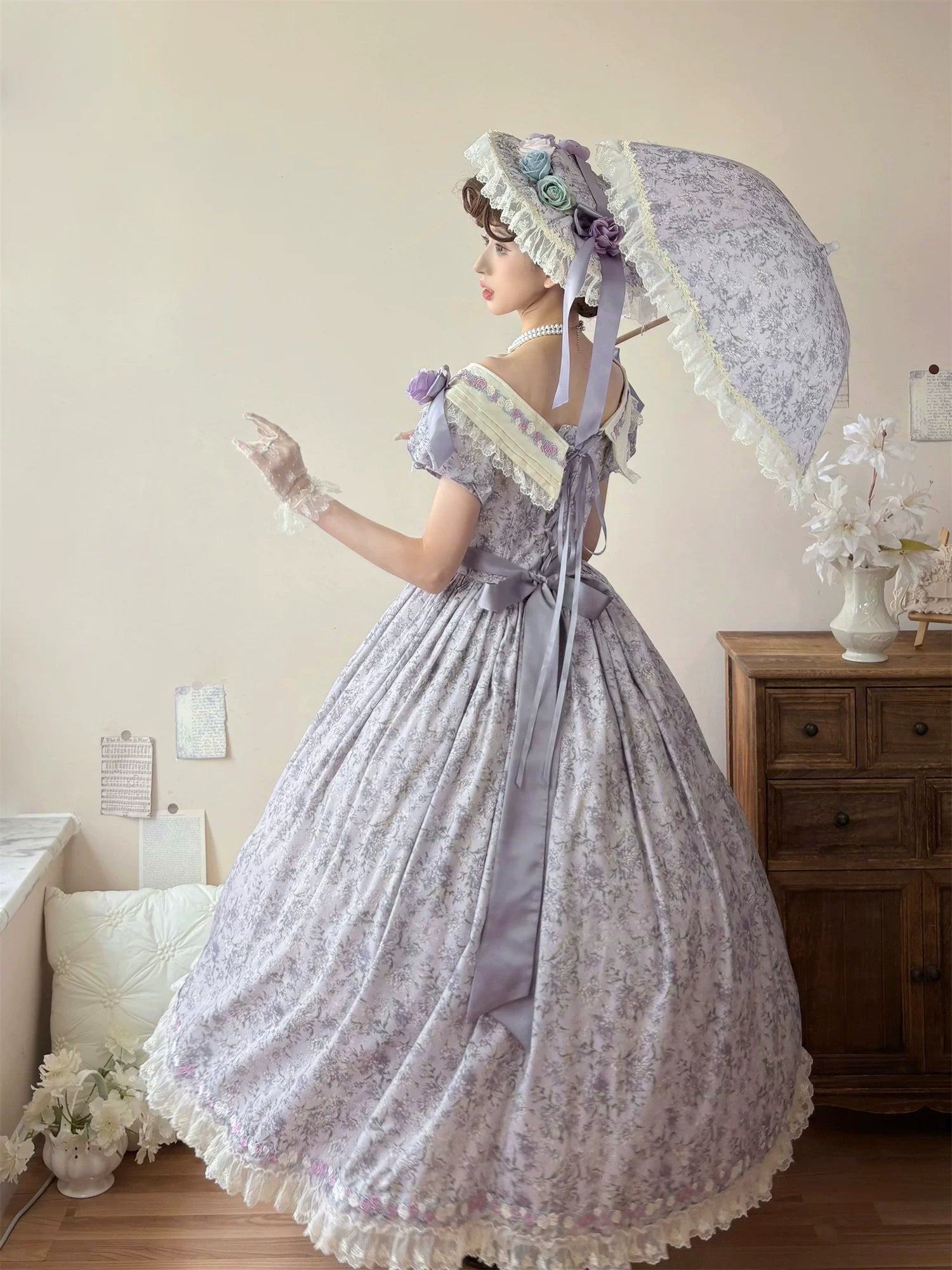 Dolota Flower Wall - Classic Lolita Floral OP Dress, Open Shoulder 44485:811212