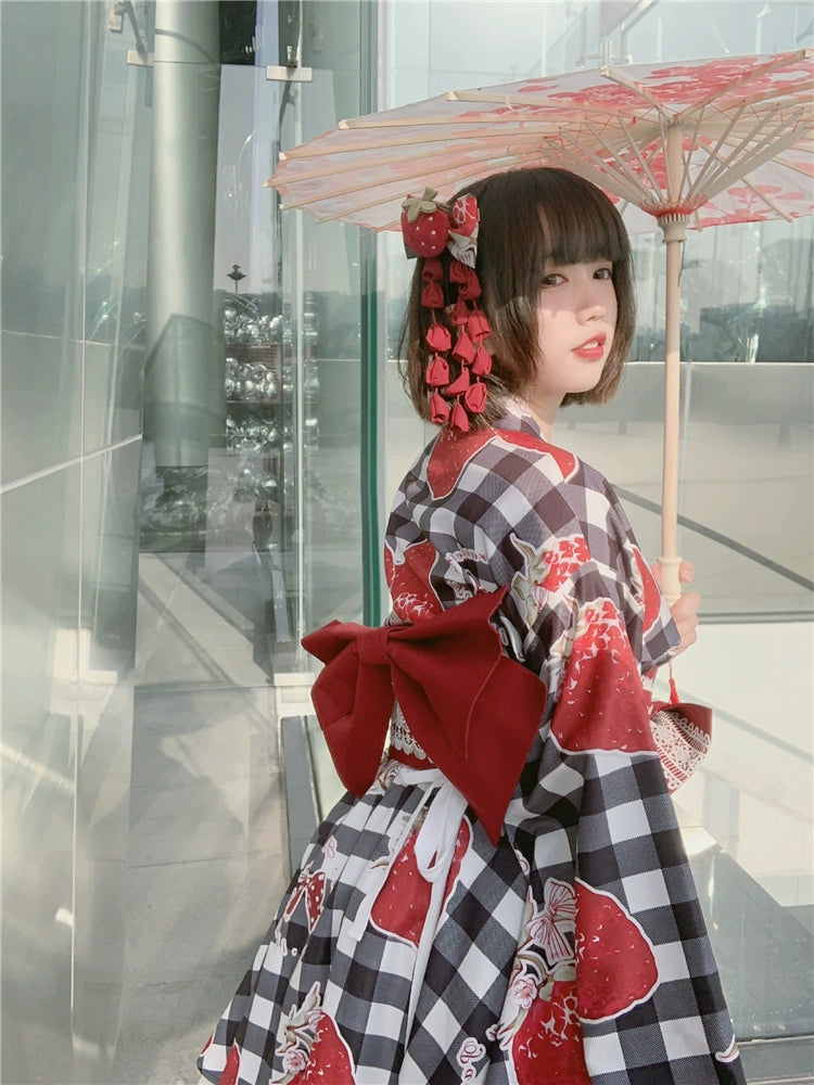 To Alice~Strawberry Party~Wa Lolita SK Set Plaid Coat Kimono Set   