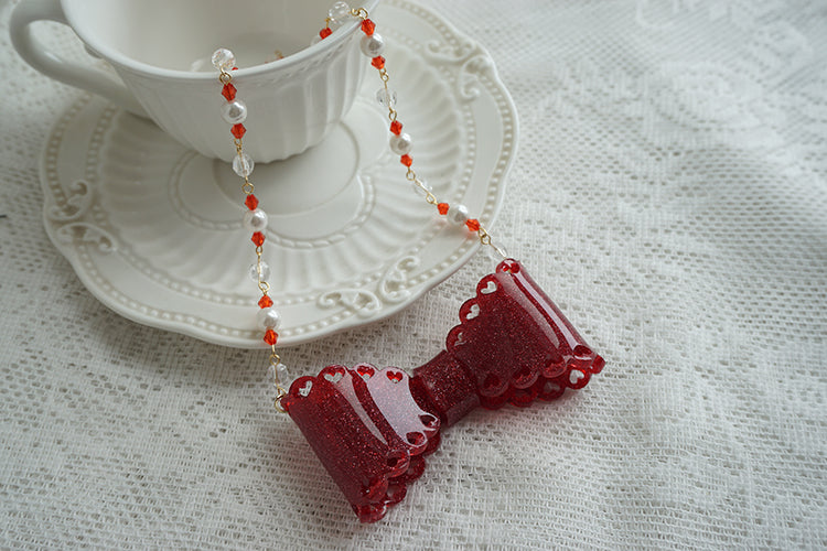 (Buyforme)Cat Tea Party~Handmade Sweet Lolita Beaded Bow Necklace red  