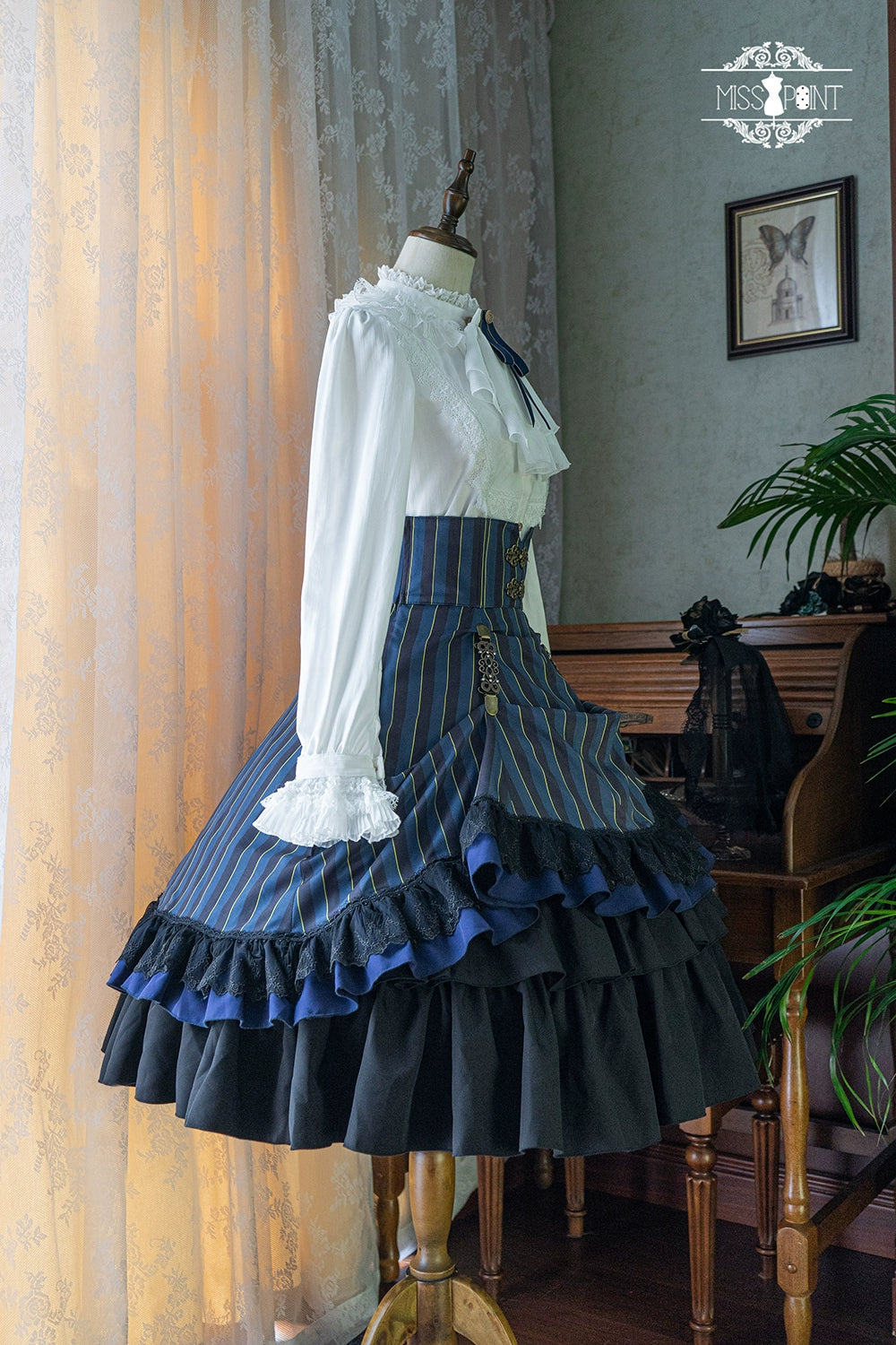 (Buyforme)Miss Point~Customized Lolita Elegant Striped High Waisted Fishbone SK 21544:312682