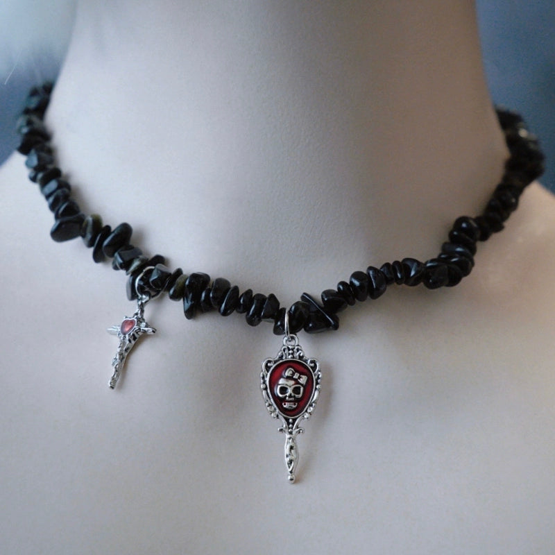 Strange Sugar - Handmade Gothic Lolita Choker, Multiple Pendant Skull Mirror