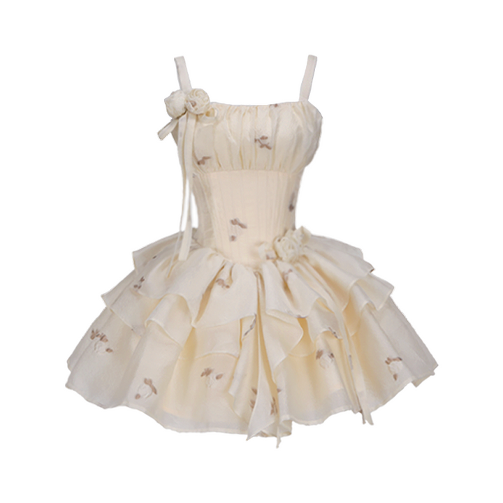 LIULI LSLAND~Elegant Lolita High Waist Beige Fishbone Dress S short fishbone dress 