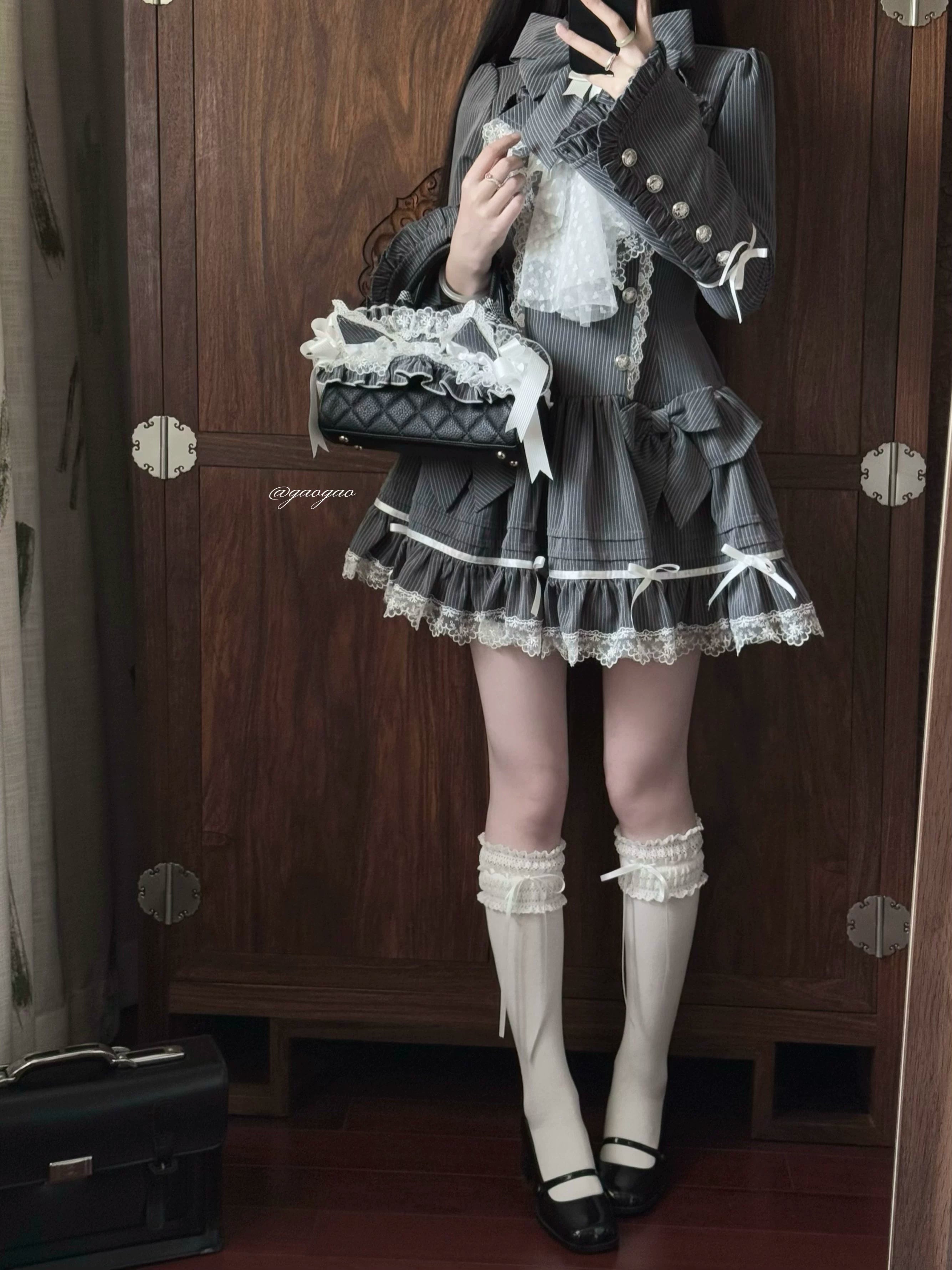 Phantom Kitty - Old School Lolita Low Waist OP Dress, Lace & Bow 45119:836194